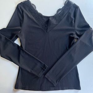 V-Neck Lace Trim Black Top
